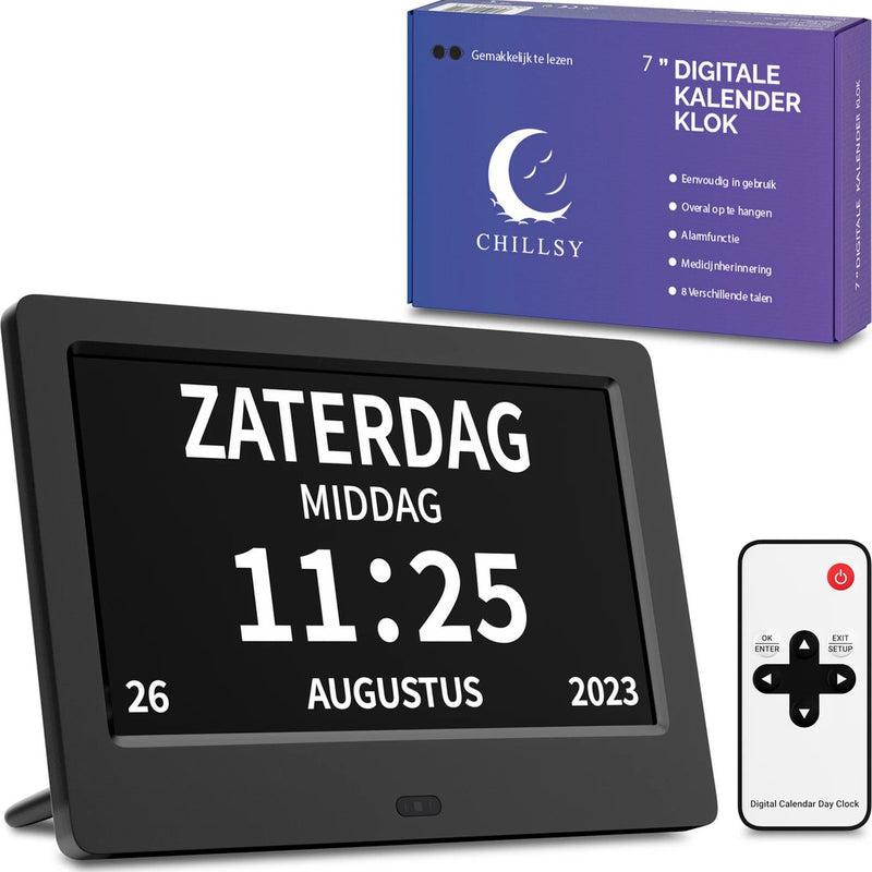 Chillsy Digitale Dementieklok - Kalenderklok voor Ouderen - Alarmfunctie - 7 Inch - Alzheimer