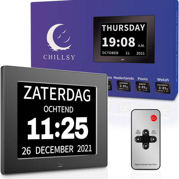 Chillsy - Digitale Dementieklok XL – Kalenderklok met Datum en Dag – Alarmfunctie – 8 inch